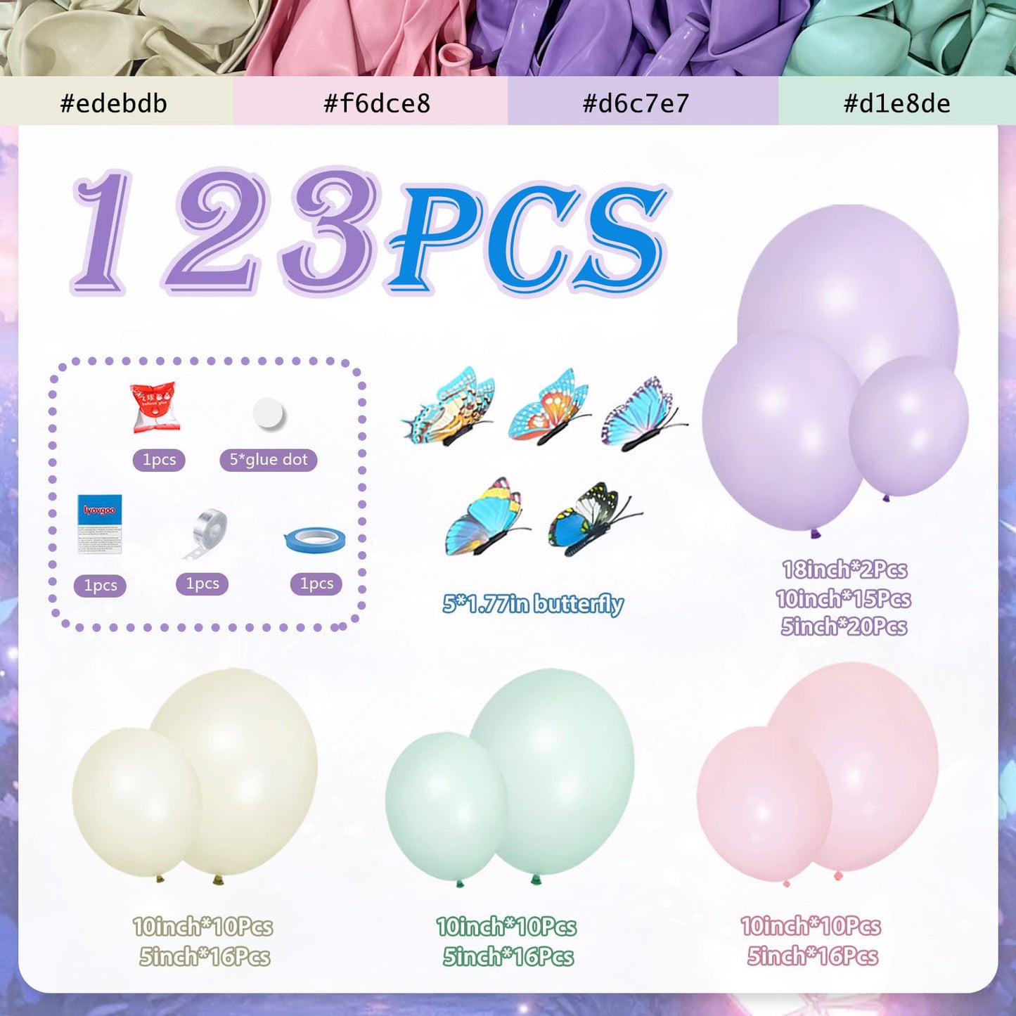 Butterfly Balloon Arch Kit - 123Pcs Butterfly Birthday Decorations With Pastel Purple Indigo Blue Pink White Sand Balloons For G