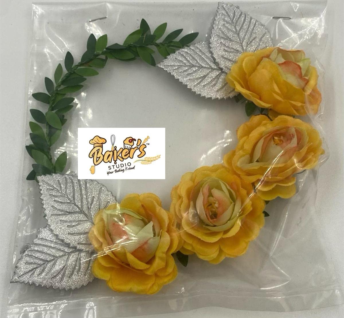 BakerS Studio Yellow Cake Topper Flowers With Silver Leaves (Pack Of 4)