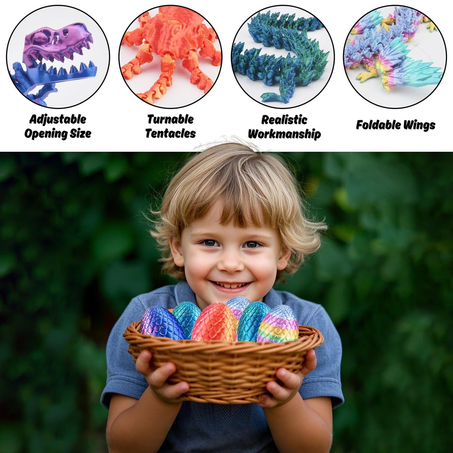 4Pcs 3D Printed Dragon Octopuses With Egg Easter Basket Stuffers Easter Egg 3D Printed Animals Toy Set