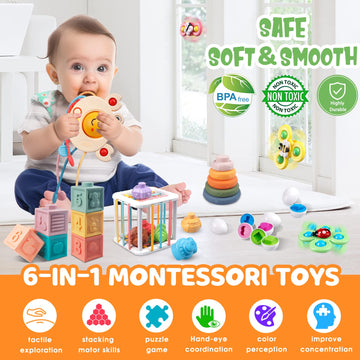 6 In 1 Baby Toys 6 To 12 Months, Montessori Toy For Toddlers 1-3, Infant Teething Babies Toy Stacking Blocks Rings Pull String T