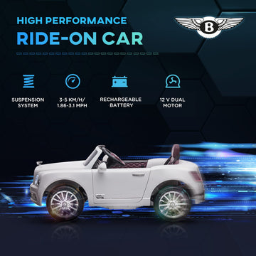 Aosom Bentley Mulsanne 12V Ride On Car, Battery Powered Car With Remote Control, Suspension, Startup Sound, Led Lights, Mp3, Horn, Music, Forward And Backward, 2 Motors, White