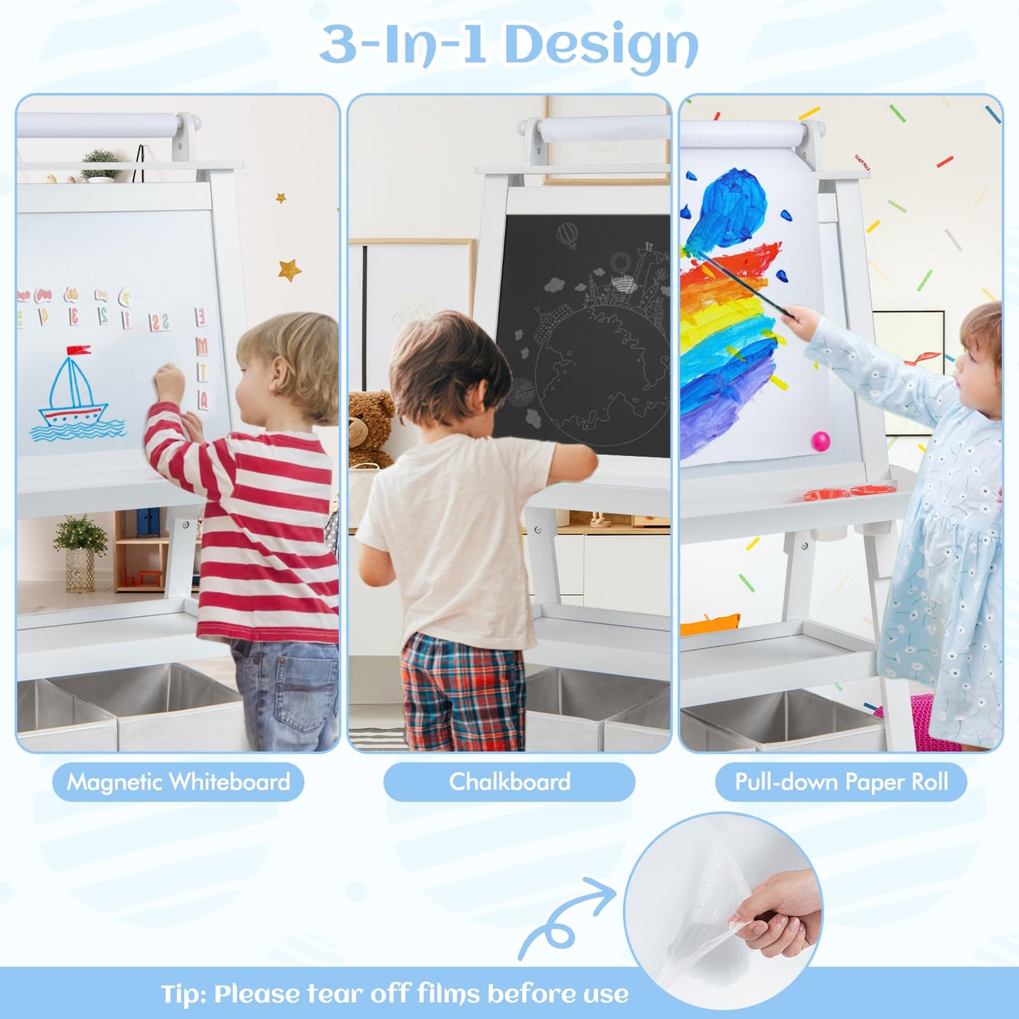 HONEY JOY Art Easel for Kids, 3-in-1 Double-Sided Wooden Toddler Easel w/Magnetic White Board & Chalkboard, Paper Roll, 2 Storag
