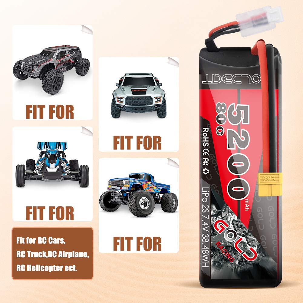 Goldbat 5200Mah 80C 2S 7.4V Rc Lipo Battery Hard Case With Xt60 Plug For Rc Evader Bx Car Rc Truck Rc Truggy Racing (2 Pack)