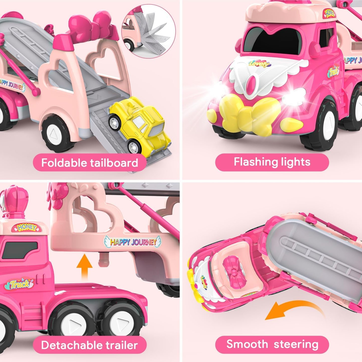 Toddler Car Toys for 1 2 3 4 Year Old Girl Birthday Gift, 5 in 1 Pink Princess Transport Carrier Trucks for Girls Age 1-2 3-4 wi