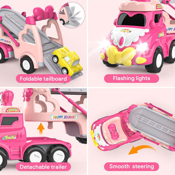 Toddler Car Toys for 1 2 3 4 Year Old Girl Birthday Gift, 5 in 1 Pink Princess Transport Carrier Trucks for Girls Age 1-2 3-4 wi