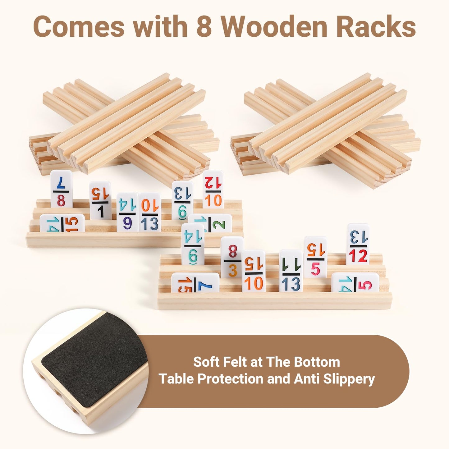 Mexican Train Dominoes Set with Numbers and 8 Wooden Trays/Racks, Double 15 Dominos Travel Set with 8 Tiles Holders, 136 Tiles D