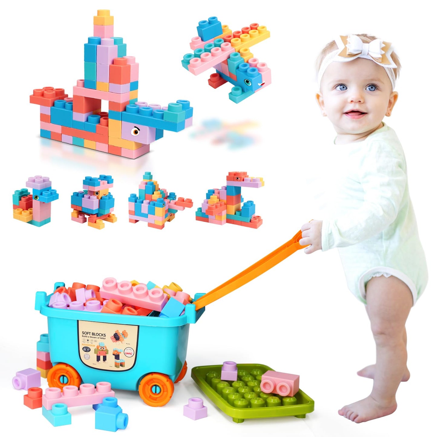 Large Particle Soft Building Block Toys With Storage Box With Pull Rods For Toddler Aged 18 Months To 6 Years Old.Preschool Toys
