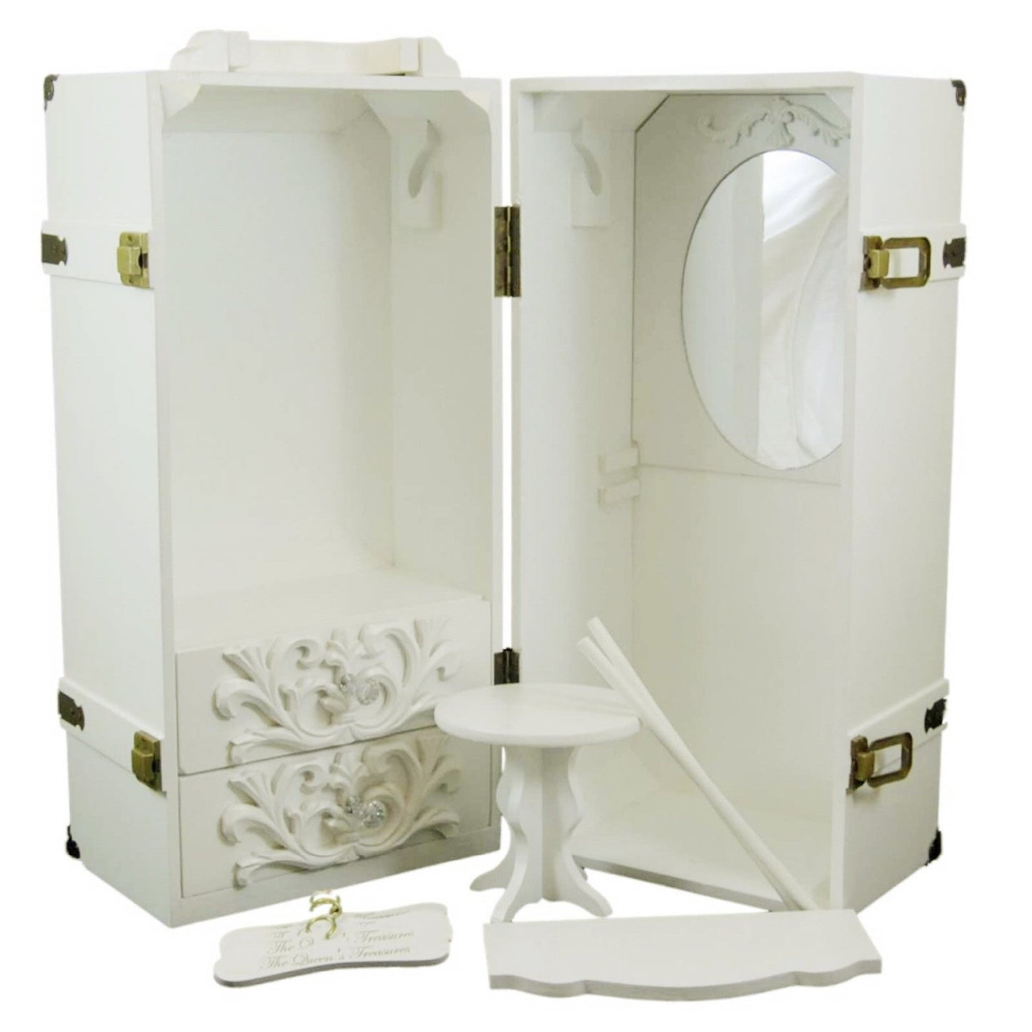 The Queens Treasures 18 Inch Doll Clothes Storage Case Furniture, Fully Assembled White Wooden Trunk Includes Vanity, Stool, Ha