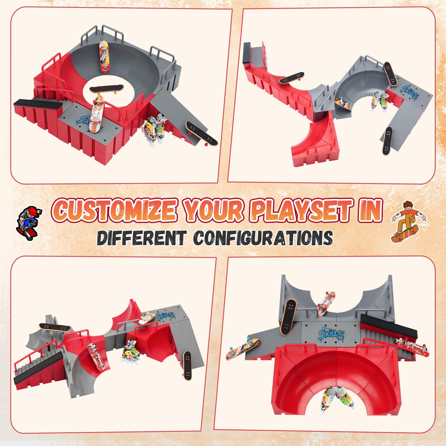 Ketiee Fingerboard Skate Park Kit: 17Pcs Finger Skateboard Ramp Set With Exclusive 11 Ramps 4 Mini Skateboards & Roller Skates, Large Finger Skatepark Training Props Toys Gifts For Kids Ages 6 And Up