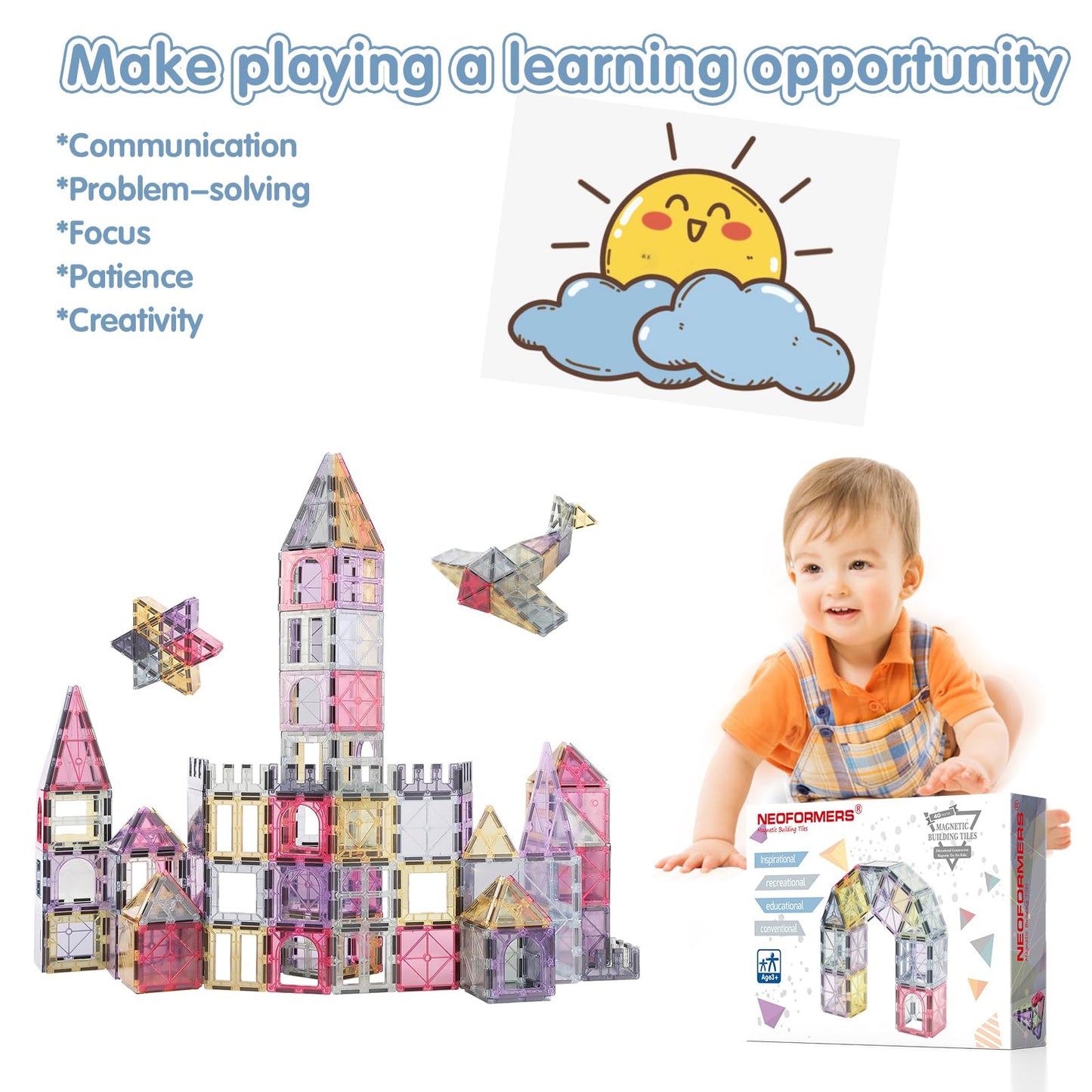 Neoformers Magnetic Tiles 40Pcs Magnet 3D Building Tiles Kids Toys For 3 4 5 6 7 8+ Years Old Boys Girls Magnet Toys Stem Educational Learning Magnetic Blocks Toy Set For Toddlers Child