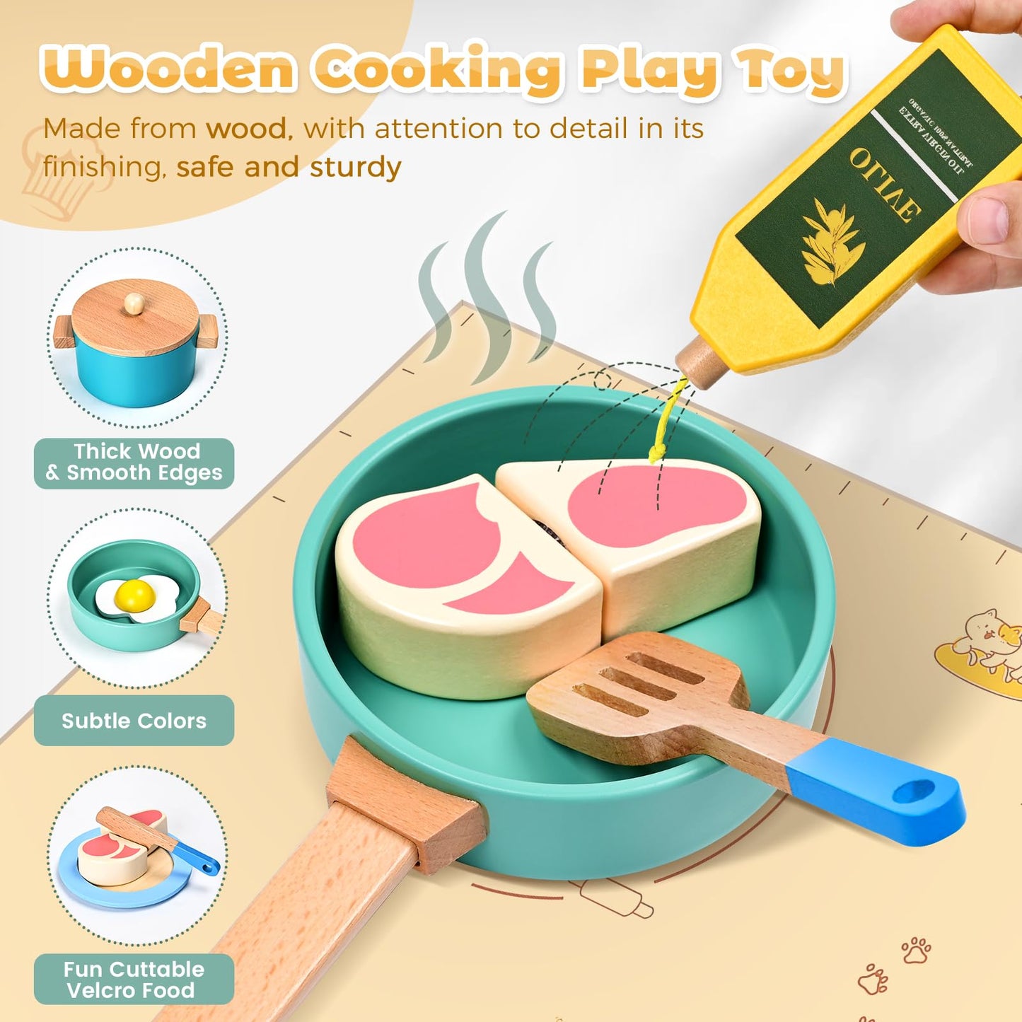 35 Pcs Wooden Play Kitchen Accessories, Pretend Play Kitchen Toys For Kids Toddlers, Wooden Play Cooking Set Play Food Cookware