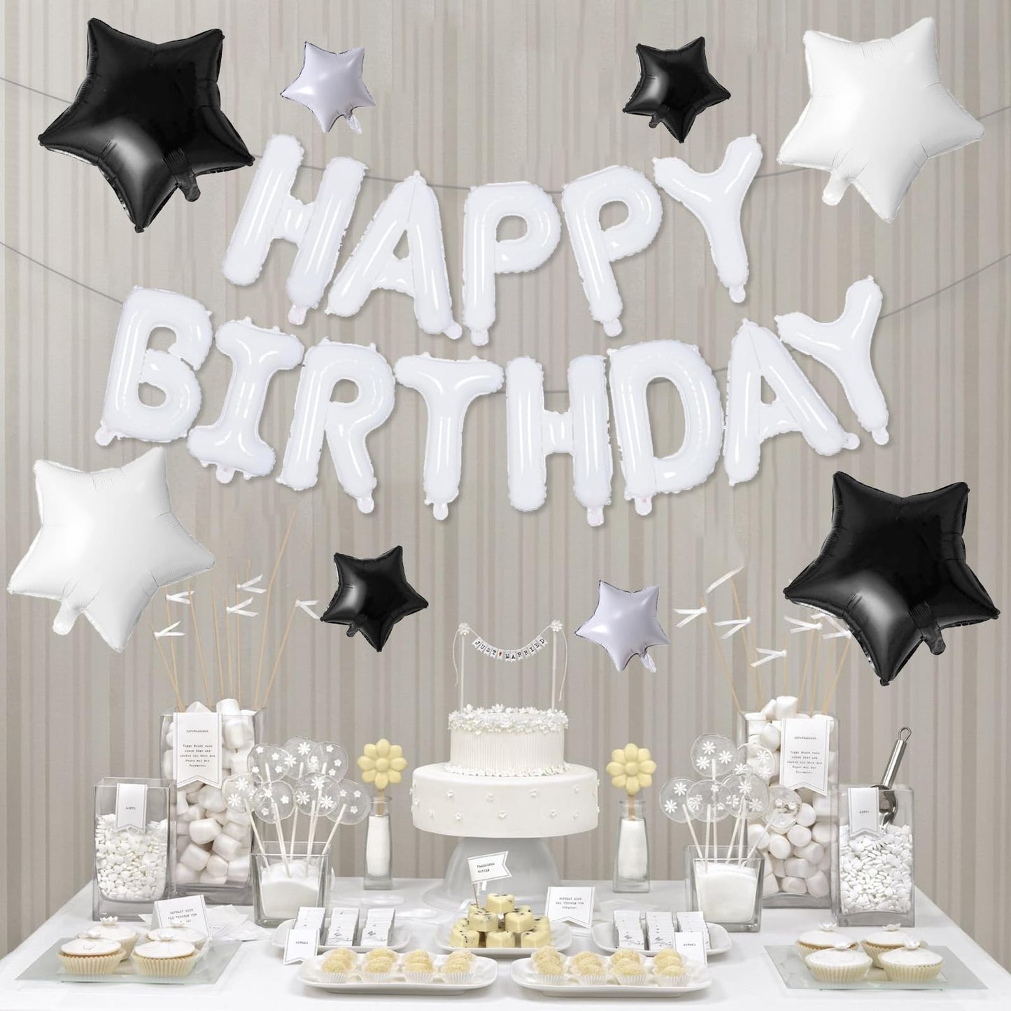 Happy Birthday Balloons Banner, White Happy Birthday Foil Balloons 16 Inch Mylar Foil Letter Balloons With 8 Pcs Black White Sta