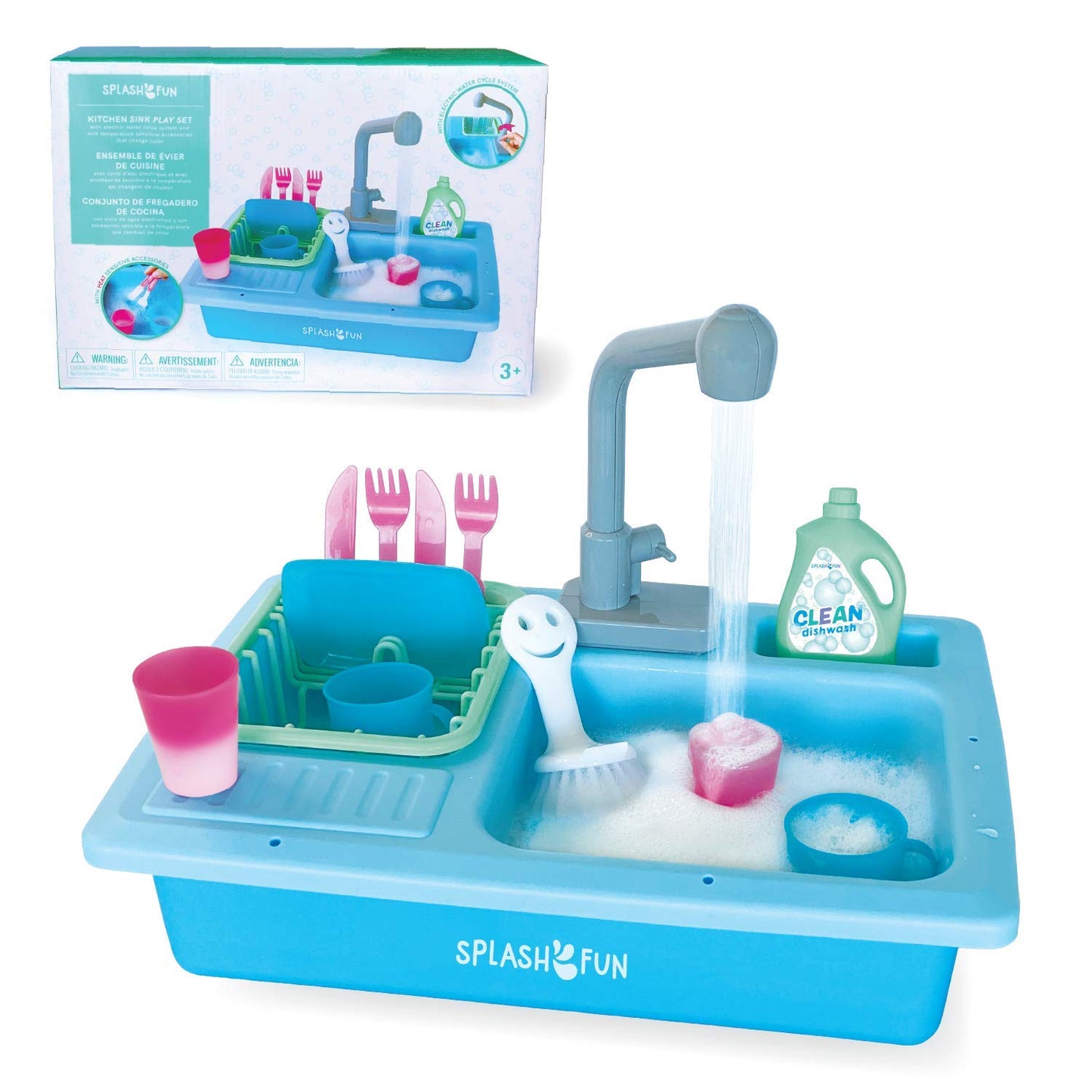 The Bubble Factory SPLASHFUN Wash-up Kitchen Sink Play Set, Color Changing Play Cups & Accessories, Running Water Pretend Play,