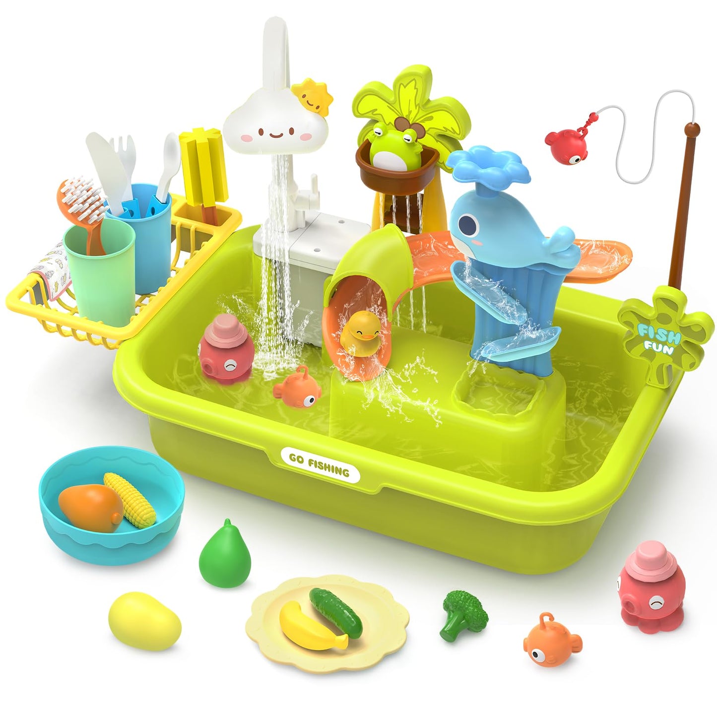 HOLYFUN Play Sink with Running Water, Kitchen Sink Toys with Upgraded Electric Faucet, Water Slide Track, Baby Dishwasher Toy, K