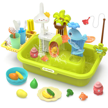 HOLYFUN Play Sink with Running Water, Kitchen Sink Toys with Upgraded Electric Faucet, Water Slide Track, Baby Dishwasher Toy, K
