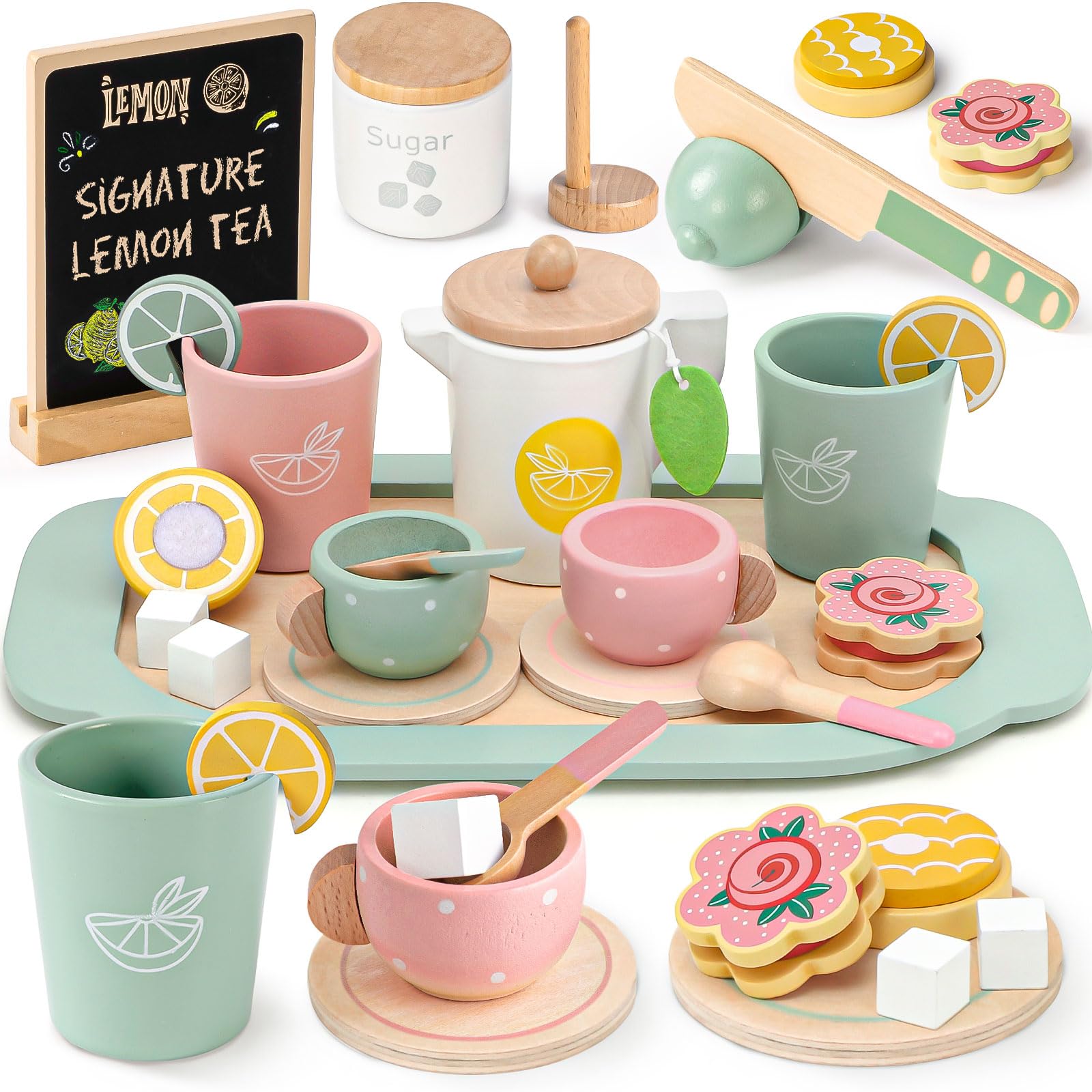 Toyssa Wooden Tea Party Set for Little Girls Toys Toddler Tea Set with Play Kitchen Accessories & Lemonade Stand & Black Board, 