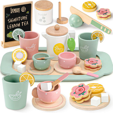 Toyssa Wooden Tea Party Set for Little Girls Toys Toddler Tea Set with Play Kitchen Accessories & Lemonade Stand & Black Board, 