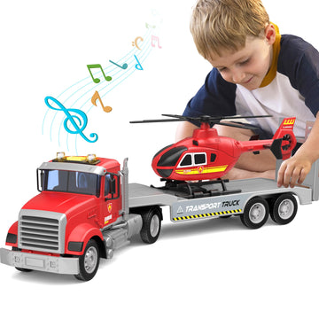 DOWELLIN 22'' Semi Fire Truck Toy with Helicopter for Kids Toddlers - Fire Police Car Toys, Birthday for Boy Girl Child 3 4 5 6 