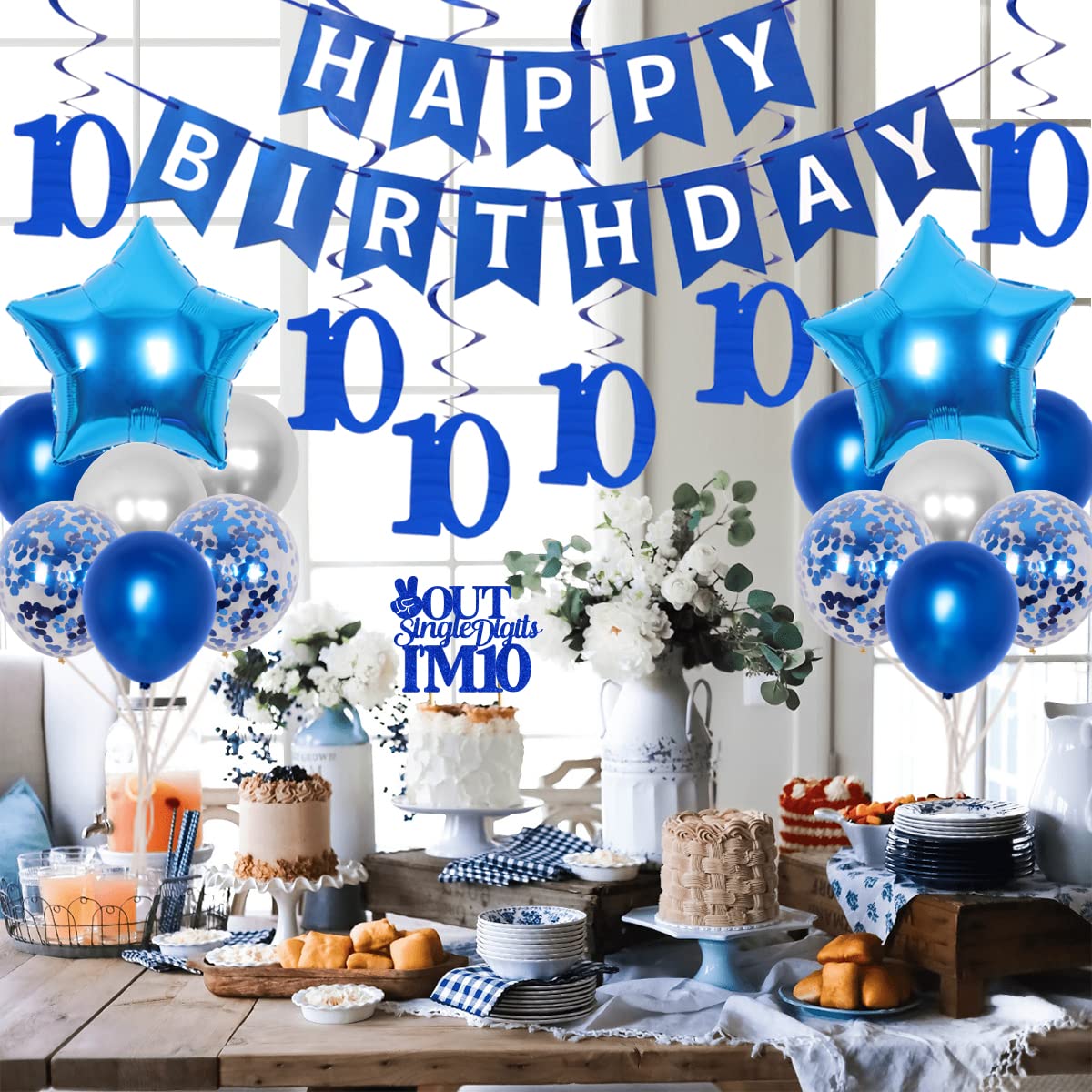 JOYMEMO 10th Birthday Decorations Blue - Peace Out Single Digits Tenth Birthday Party Supplies with Hanging Swirls & Paper Glitt