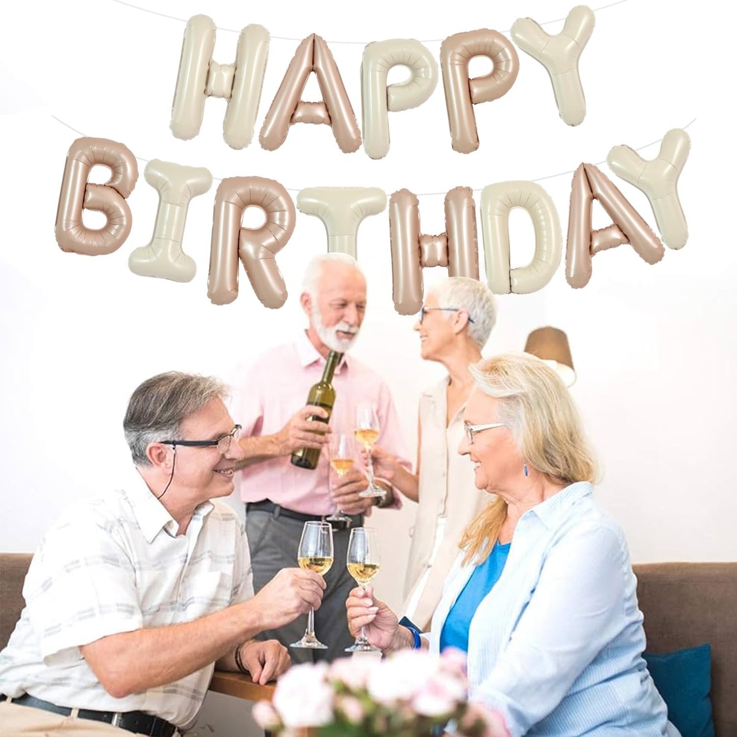 TONIFUL 16 Inch Light Brown Cream Mylar Foil Balloons Banner Happy Birthday Balloon Letters for Adults & Girls Boys Kids Birthda