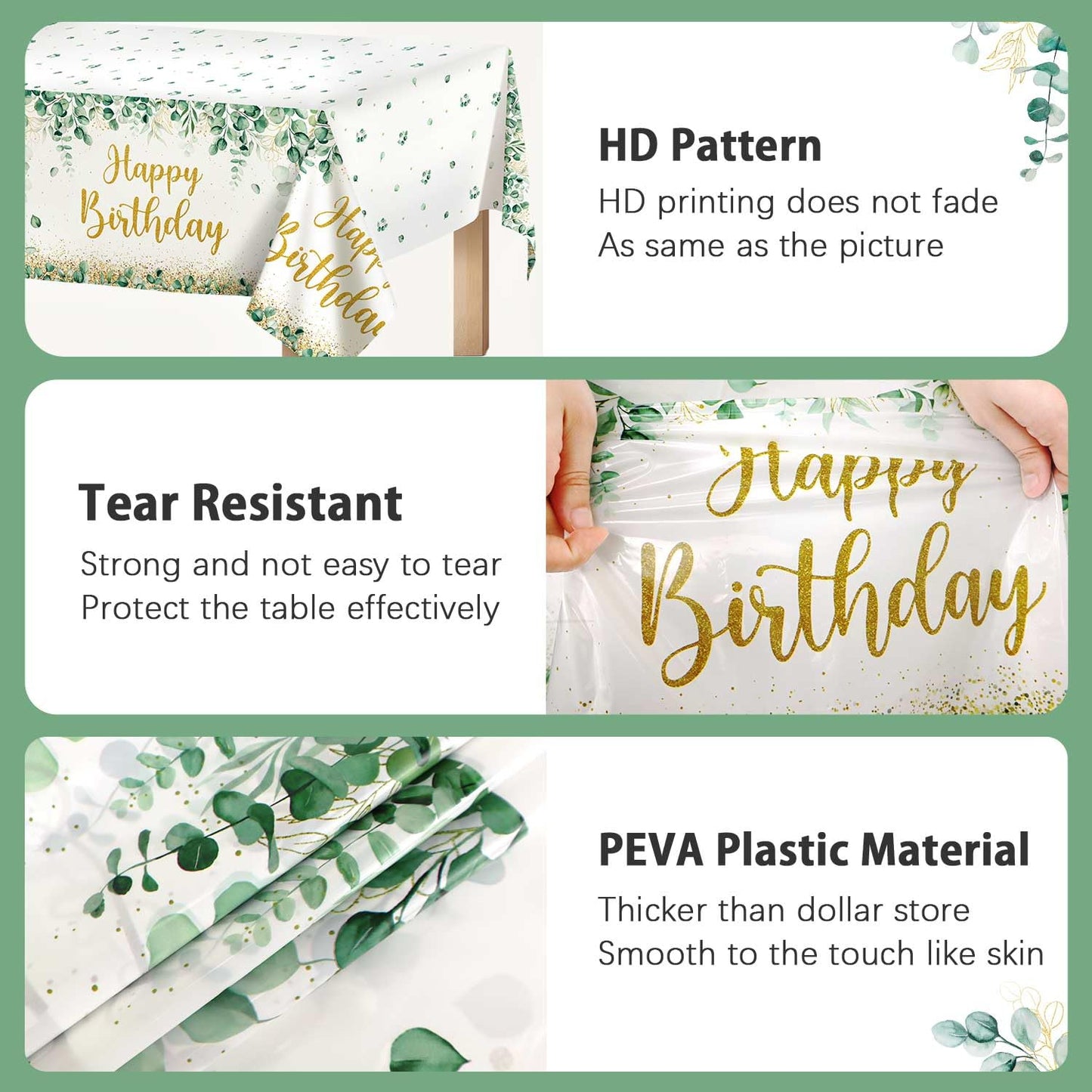 Lopeastar 3Pcs Neutral Sage Green Birthday Decorations Tablecloths, Glitter Gold Happy Birthday Table Cover, 54 x 108 Inch Large