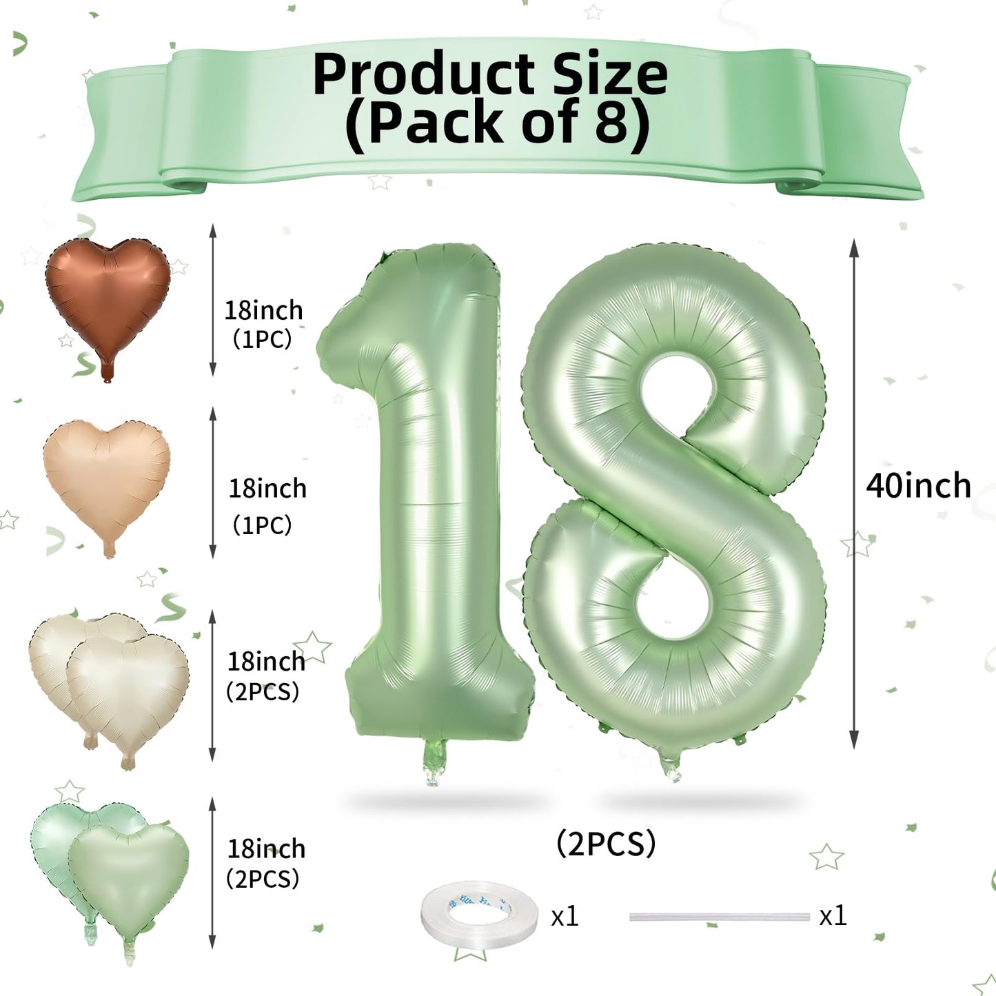Biapian 40 Inch Sage Green Number 18 Balloons, Large Foil Number 1 & 8 Balloons With 18'' Cream Brown Heart Balloons For 18Th Ye
