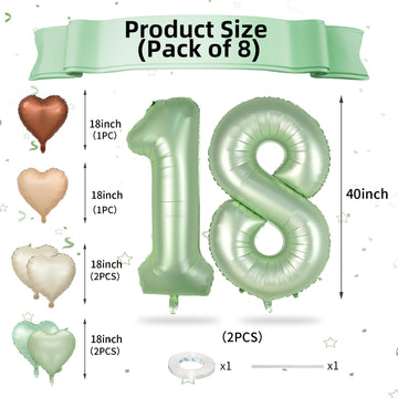 Biapian 40 Inch Sage Green Number 18 Balloons, Large Foil Number 1 & 8 Balloons With 18'' Cream Brown Heart Balloons For 18Th Ye