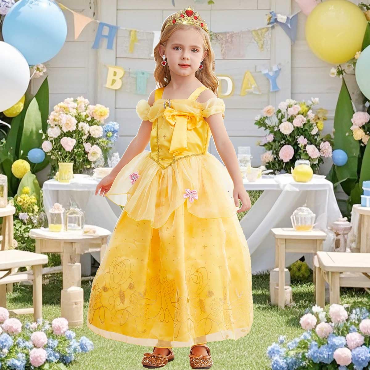 Luzlen Princess Costume For Girls Kids Belle Dress Halloween Cosplay Party Outfit Toddler Princess Dress Up, 7-8 Years(Label 150)