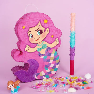Wernnsai Mermaid Piñata-Mermaid Party Piñata With Bat And Blindfold For Girls, Kids Birthday Party Games Anniversary Celebration Classroom Activities Mermaid Themed Party Decorations (15.7’’ X 12.2’’)
