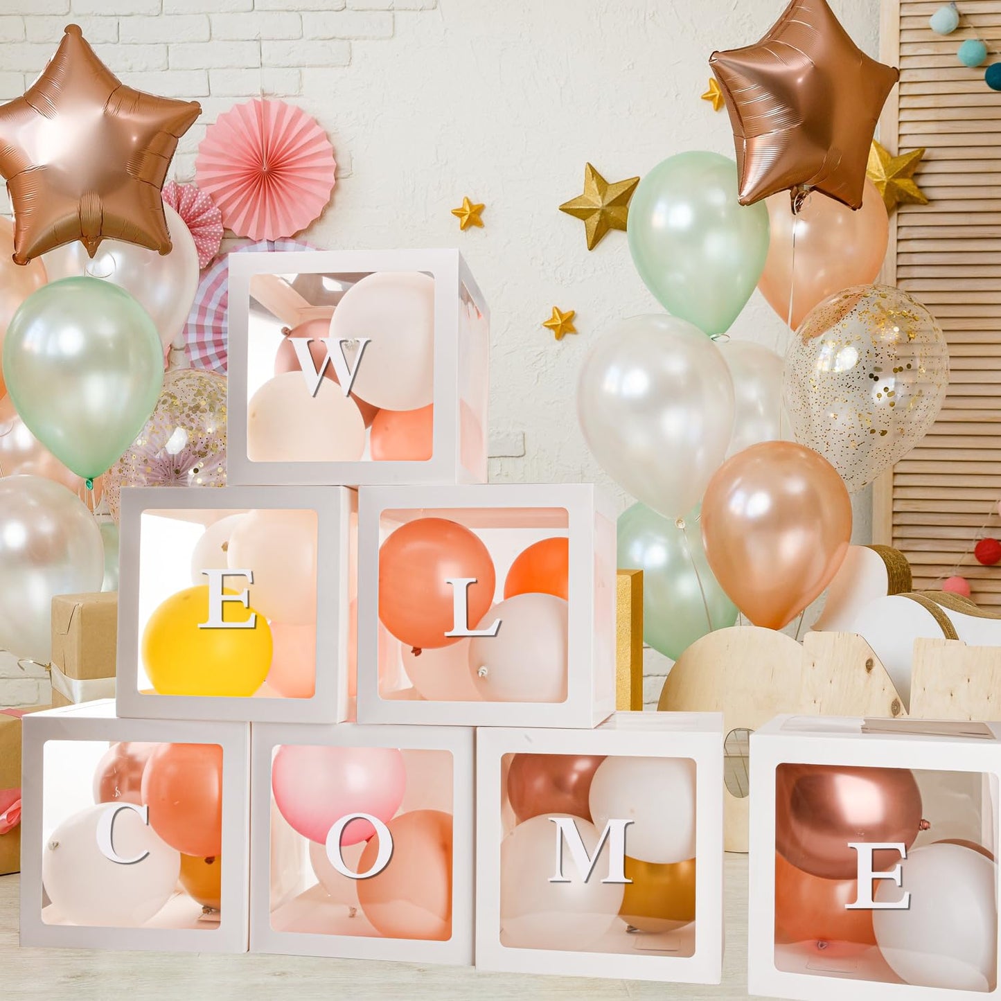 Pabues Baby Boxes For Baby Shower White Clear Balloon Box Blocks Gender Reveal Decorations And Birthday Party (7 Pcs Balloon Box