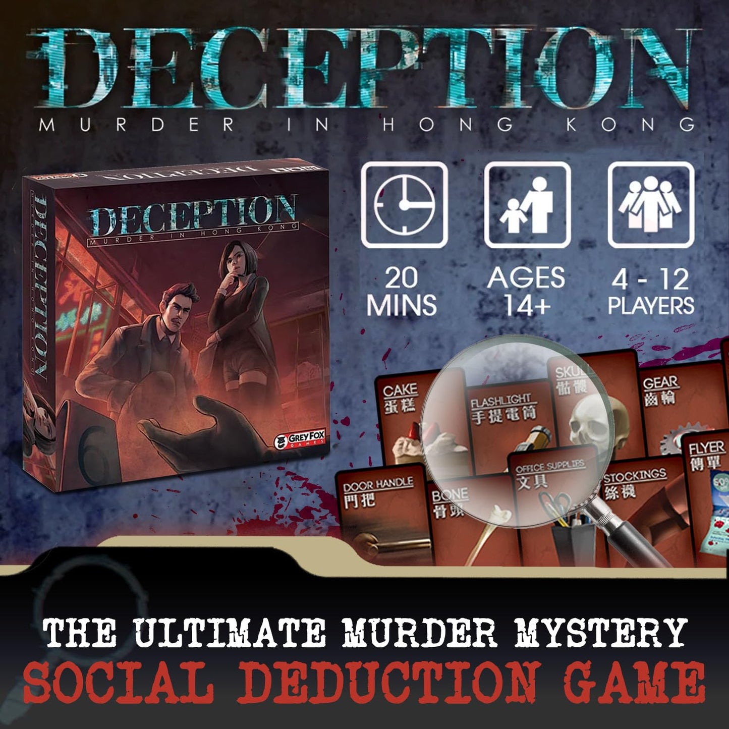 Grey Fox Games Deception: Murder in Hong Kong Board Game, Multi-Colored, Model GFG96761, Cardboard