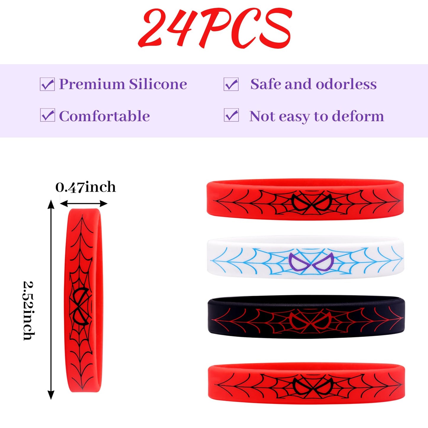 yisncka 24Pcs Spider Silicone Wristbands Bracelets hero Spider Party Decorations Supplies for Spider Theme Boys Girl Birthday Pa