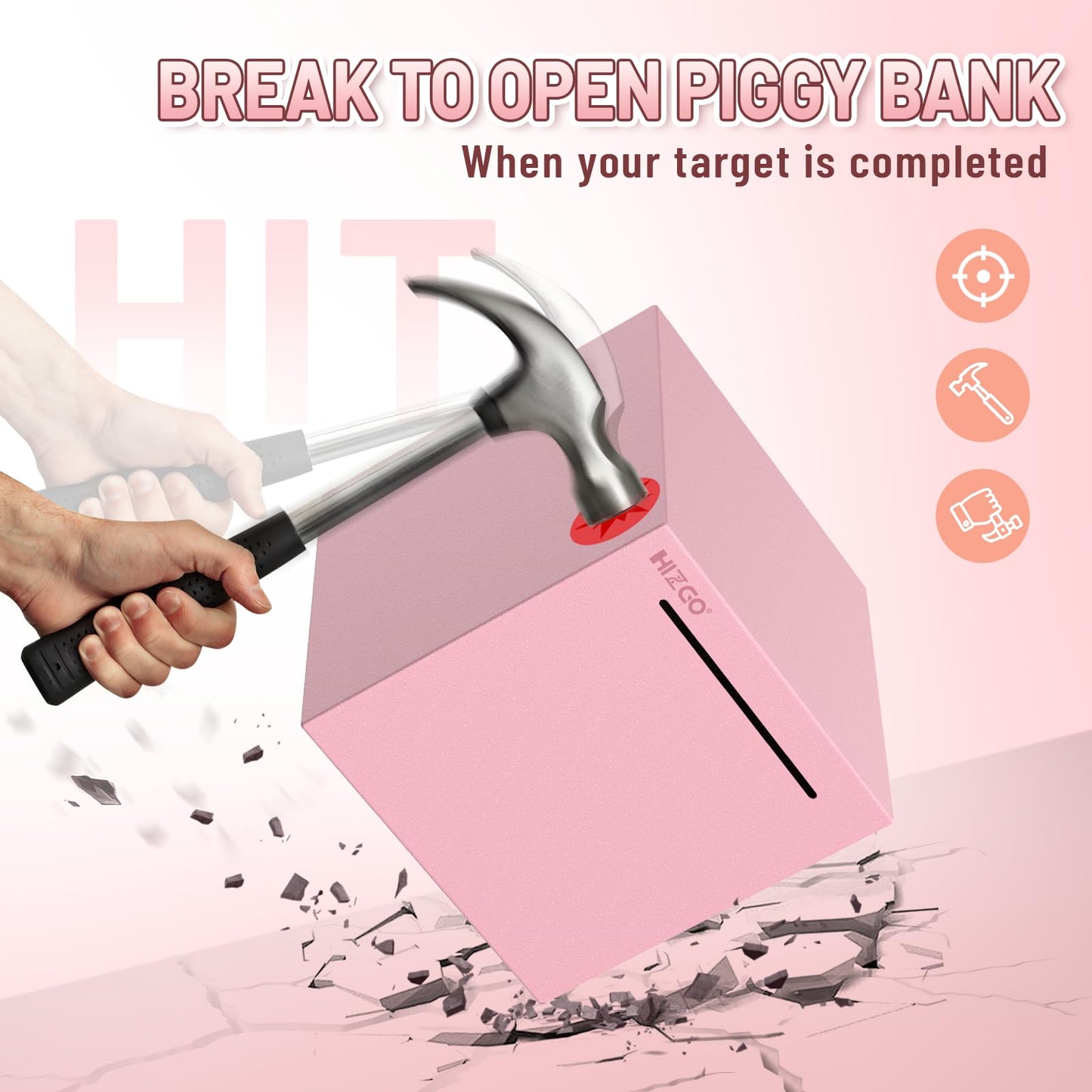 Hizgo Adults Pink Piggy Bank, Stainless Steel Piggy Bank For Adults/Kids Must Break To Open, Unopenable Money Saving Box(4.72-Inch, Pink)