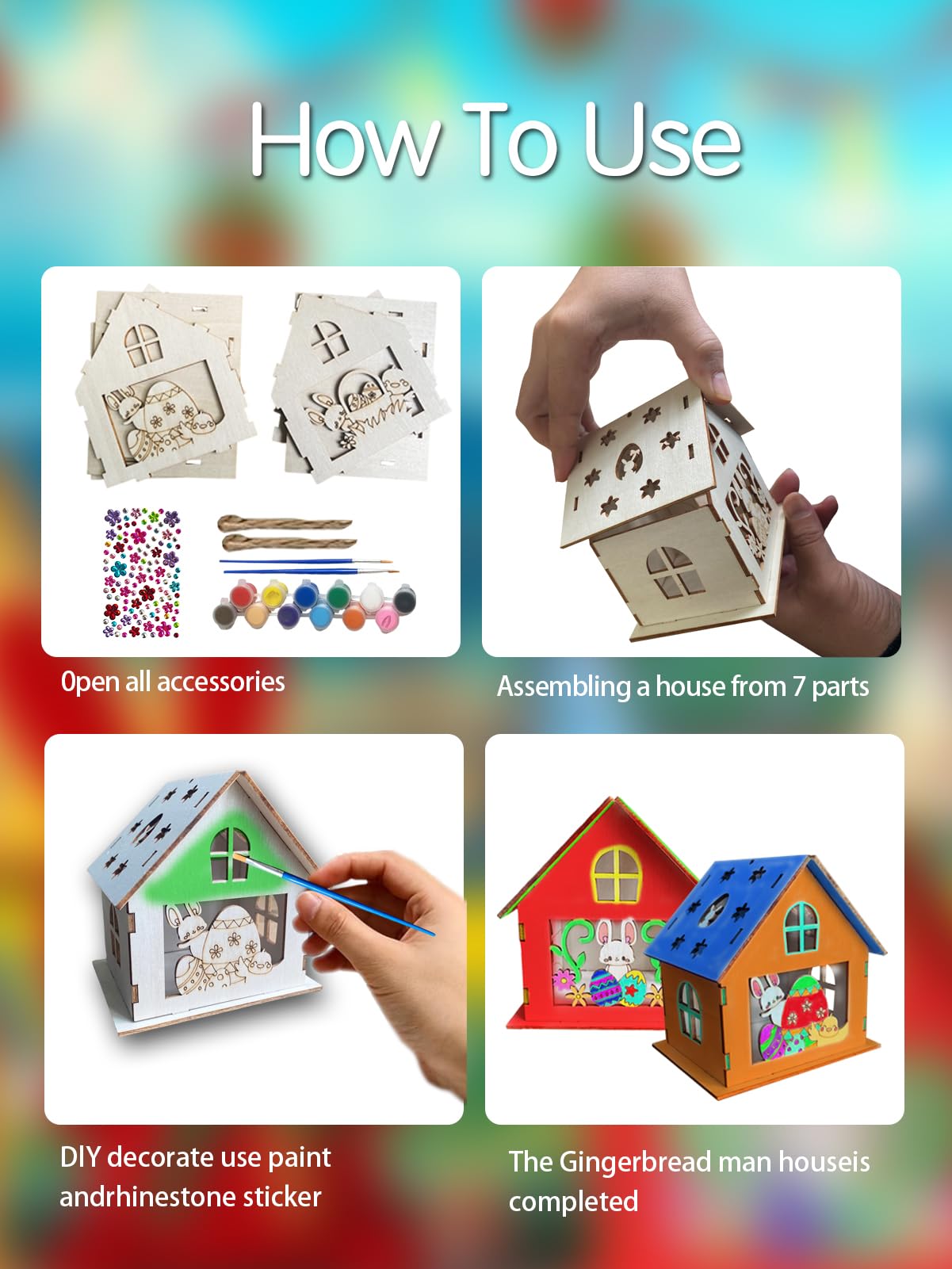 Nsoicrac 2 Pieces Wooden Easter House Craft Kit for Kids DIY Bunny Egg House with, Wood Crafts Art Project Bulk Painting Kits fo