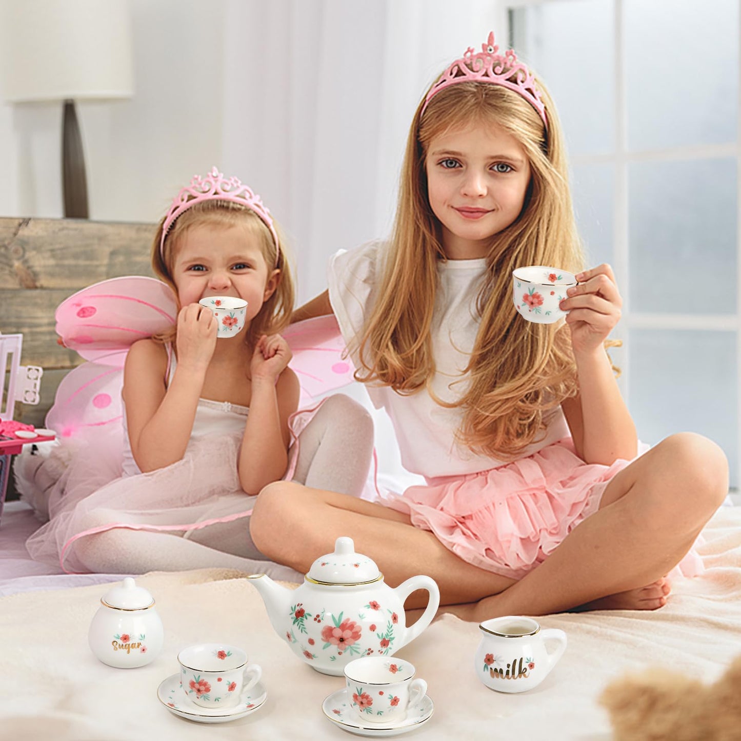 Porcelain Tea Set for Girls, Tea Party Set for Little Girls, Kids Tea Set Kitchen Pretend Play, Princess Tea Time Playset with T