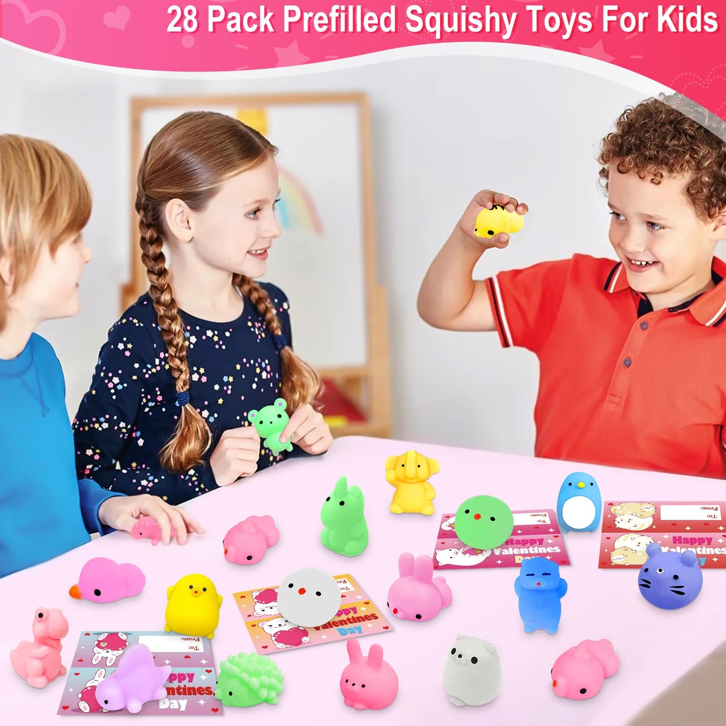Amenon 28 Pack Valentines Animals Mochi Squishies With Cards Classroom Valentine'S Day Gifts For Kids Prefilled Kawaii Bear Stress Relief Squeeze Fidget Toys Exchange Favor Prizes School Goodie Bag