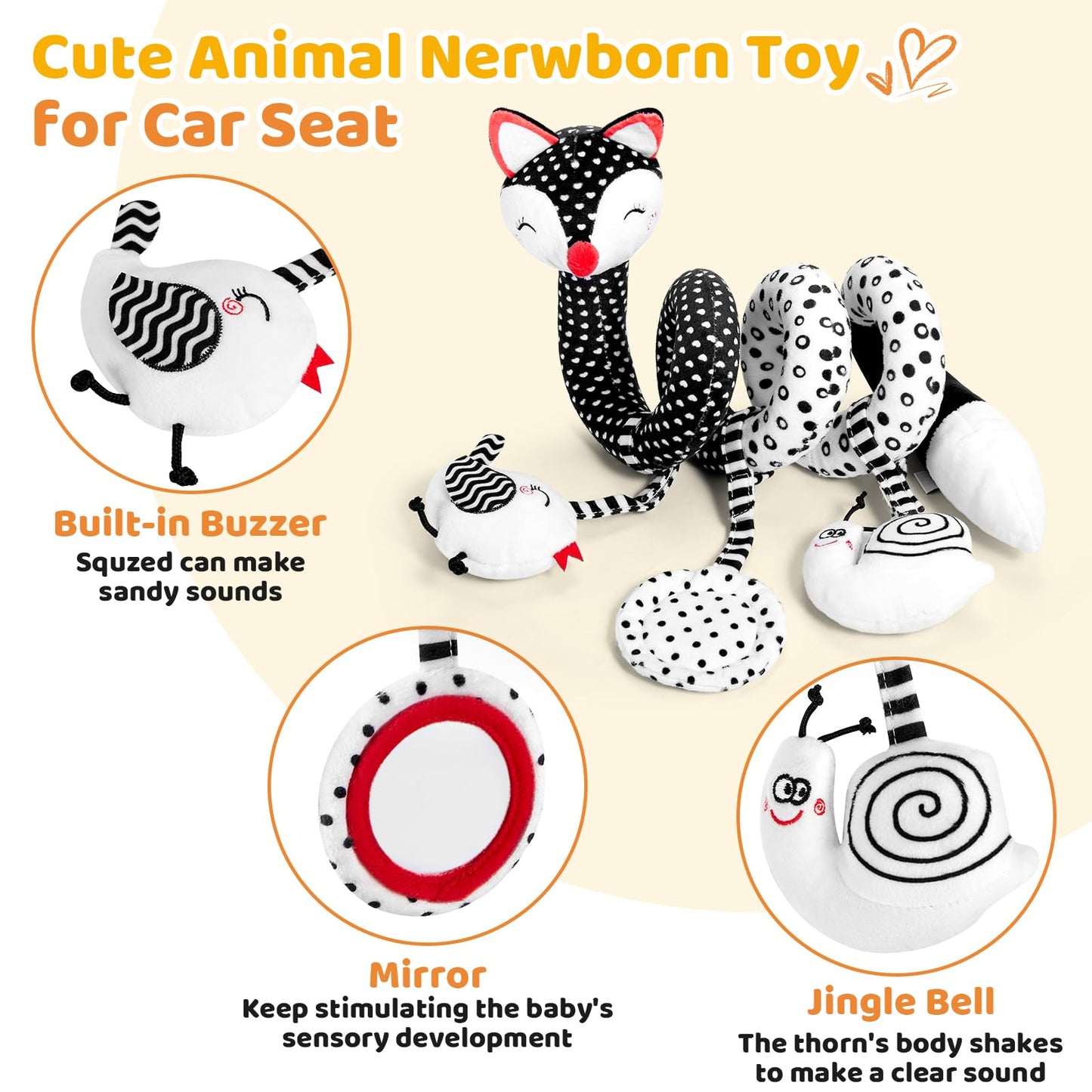 Fati Car Seat Toys For Babies 0-6 Months, Carseat Toys Hanging Toys For Newborns, Black And White High Contrast Toy For Baby 0-3