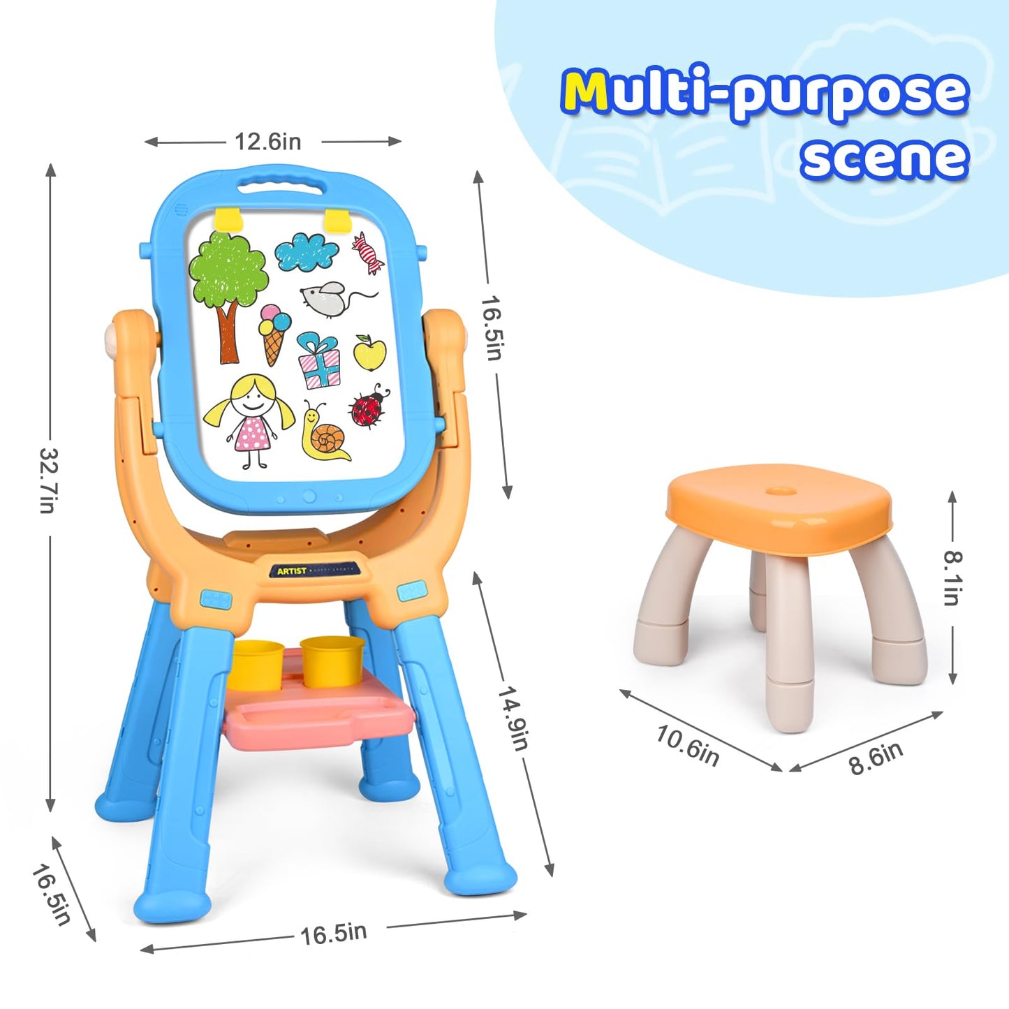 Breibowski Double-Sided 360Rotating Kids Easel and Toddler Art Easel, Equipped with A Little Bench and Painting Accessories, Chi