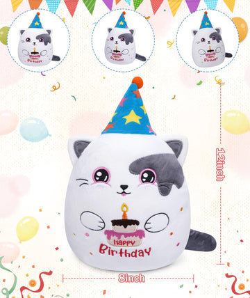 Birthday Stuff Cat Plush Gift - Adorable Blue White Cat Stuffed Doll, Cute Birthday Hat And Cake, Soft Huggable For Kids' Gifts,