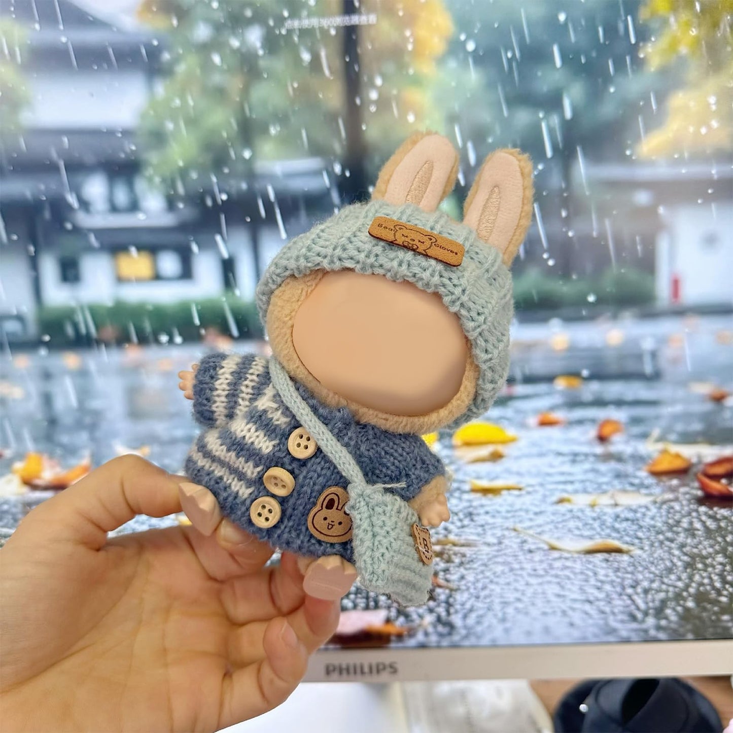 Clothes for LABUBU Doll (NO Doll)  Handcrafted Crochet 3-Piece Accessories for LABUBU 17cm Dolls  enhanced Outfit - Bunny Sweater + Hat + Bag  Cute Clothes for Dress up Unique Style (Blue)