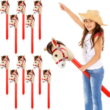 Chivao 12 Pieces Inflatable Stick Horse Cute Horse Head Stick Balloon Colorful Blow Up Stick Horse Cowboy Cowgirl Party Decorations For Horse Themed Birthday Party (Red)