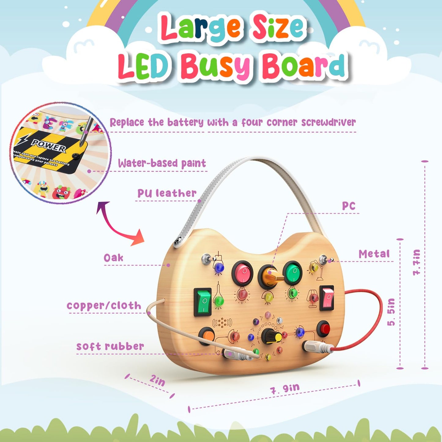 Flycoost Montessori Toddler Busy Board, Wooden Busy Board With 17 Led Lights, Travel Toys For Toddlers 1-3 Years, Light Switch T