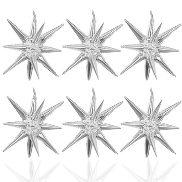 6 Pcs Silver Star Foil Balloons One-Piece 14-Pointed Star Balloons 4D Starburst Cone Mylar Balloons 22Inch Christmas Birthday We