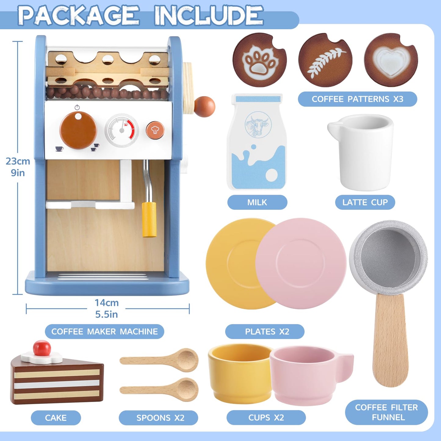 GAGAKU Wooden Coffee Machine Toy Set - 15 Pcs Non-Toxic Kitchen Accessories for Kids, Blue, Model G06CM2402, Ages 3+