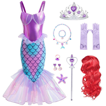 Itvti Little Girls Mermaid Costume Princess Dress Up Ariel Outfits With Accessories Wig Birthday Party Halloween Cosplay, Purple, 3-4 Years(Tag 110)
