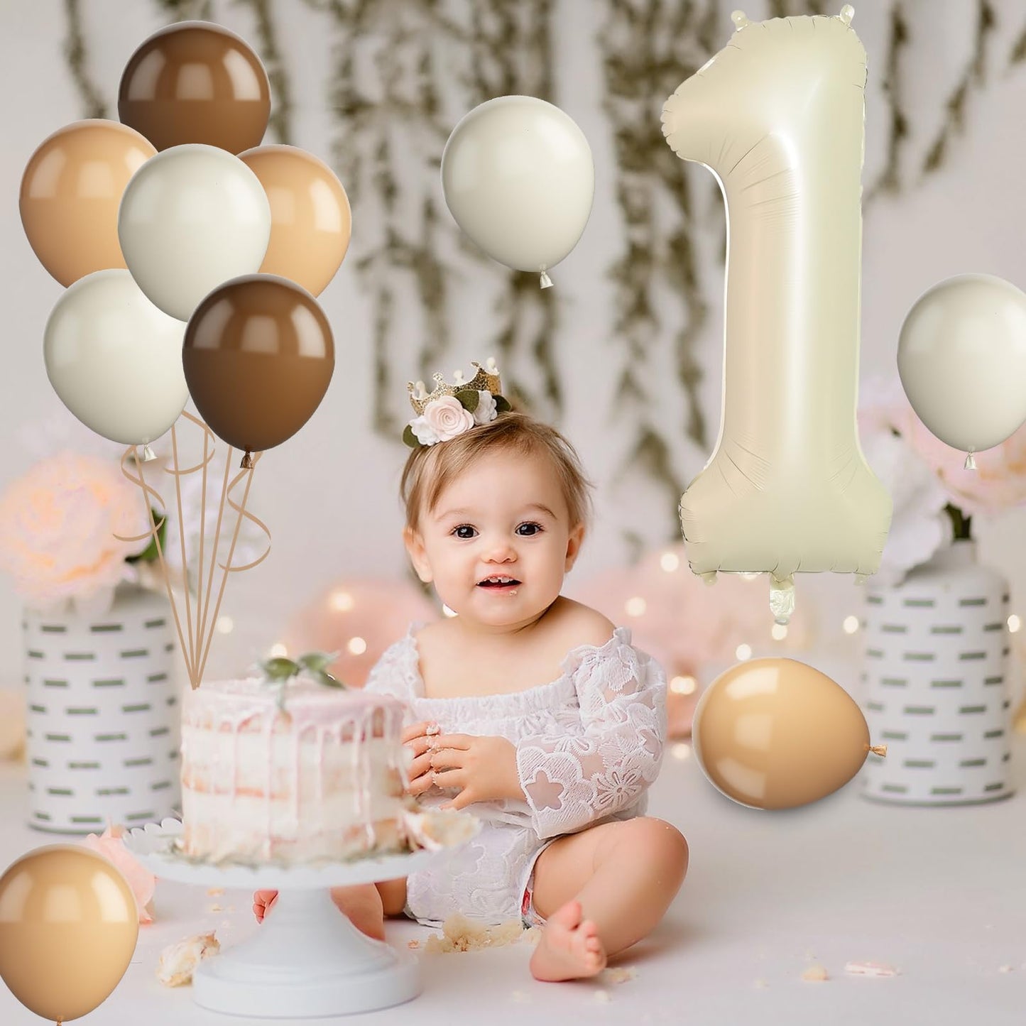 40 Inch Cream White Number 1 Balloon, 1St Birthday Balloons, 11Pcs Retro Apricot Brown Sand White Latex Balloons 1 Foil Balloon