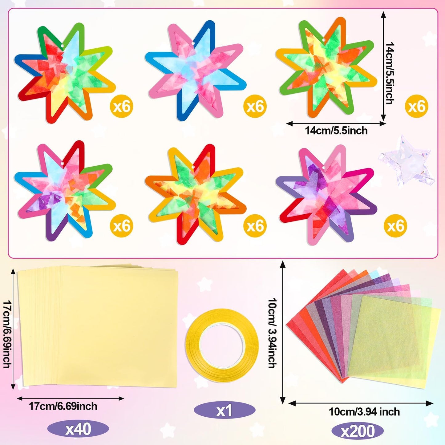 Qyeahkj 36 Set Summer Star Suncatchers Crafts for Kids DIY Star Window Tissue Paper Craft Kit Art Ornament Hanging Decor for Sch