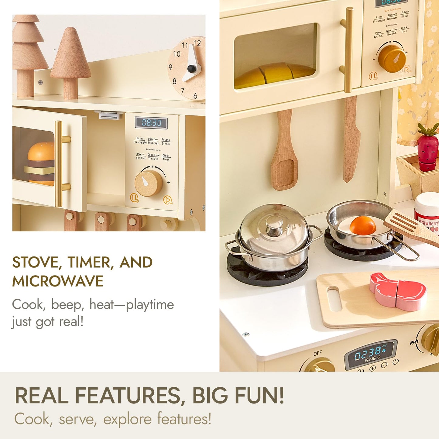 Giant Bean Wooden Play Kitchen, Toddler Kitchen Playset, With Microwave Play Sink Ice Maker Oven Cookware Accessories Playset, P