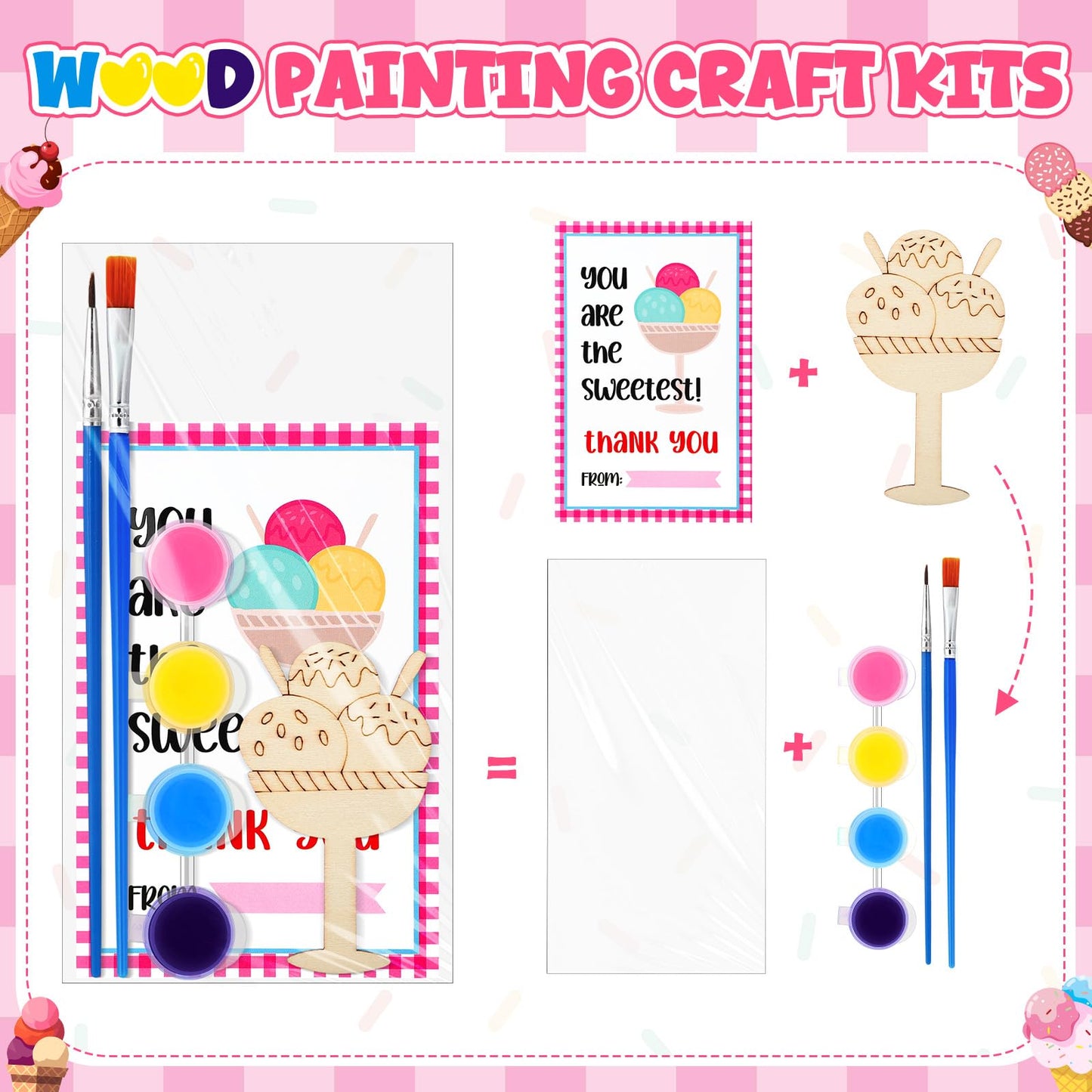 Leinuosen 28 Sets Ice Cream Party Favors Wood Painting Craft Kits with Art Supplies and Inspirational Cards Thank You for Coming