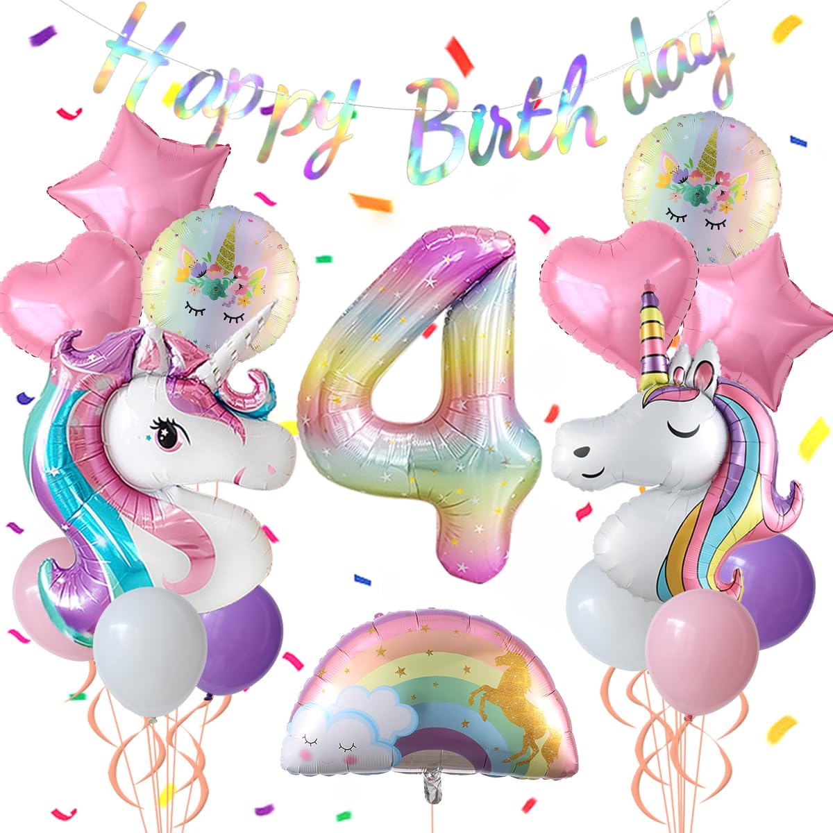 Unicorn 4Th Birthday Party Decorations For Girl Purple Pink Unicorn Party Theme Balloon Set, Large Rainbow Unicorn Helium Balloo